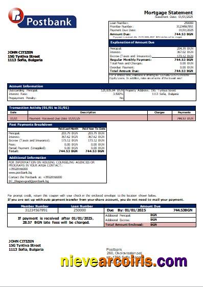 Bulgaria Postbank bank mortgage statement